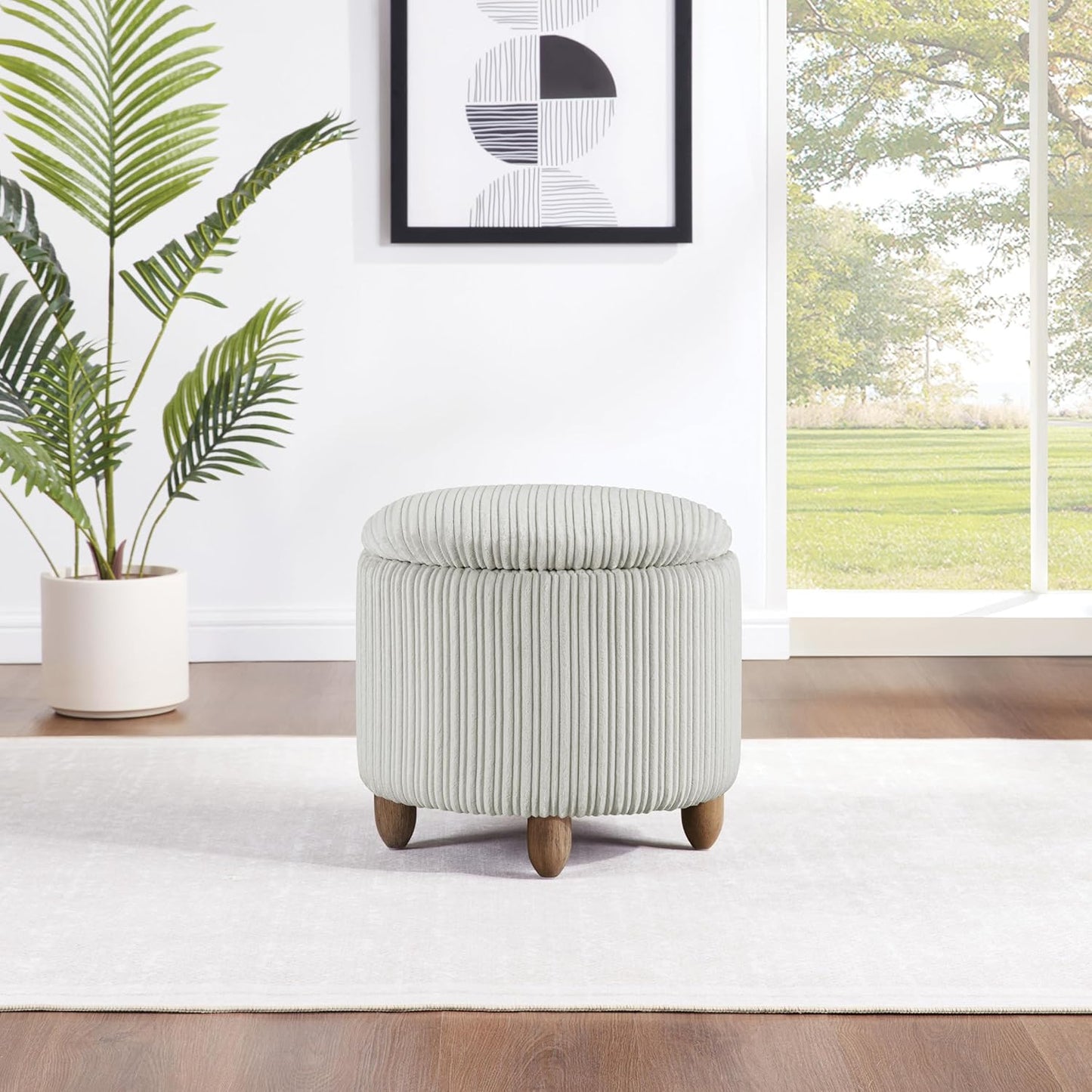 Contemporary Round Storage Ottoman with Lift-Off Lid, Taupe Fabric Pouf for Living Room, Bedroom & Home Décor