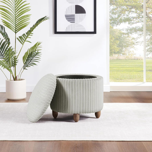 Contemporary Round Storage Ottoman with Lift-Off Lid, Taupe Fabric Pouf for Living Room, Bedroom & Home Décor