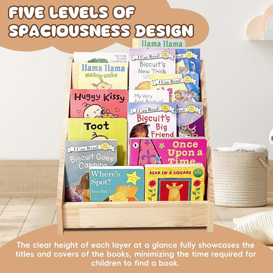 5-Tier Montessori Front-Facing Kids Bookshelf with Back Storage, Natural Wood Book Display Organizer for Toddlers, Children's Rooms & Reading Nooks