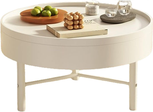 Round Farmhouse Coffee Table with Hidden Storage & Rotating Lid, Modern Circular Center Table for Living Room, Office & Reception Room