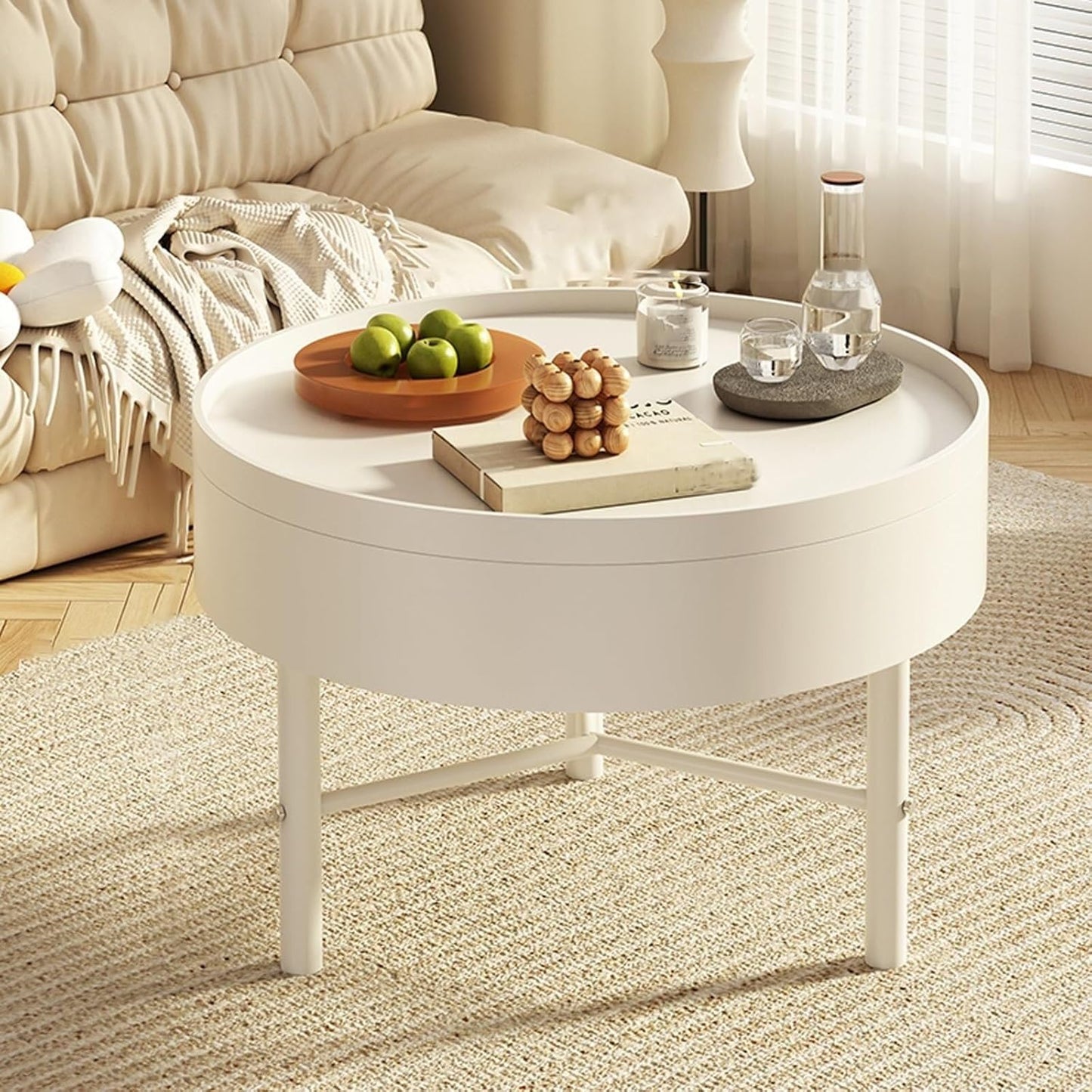 Round Farmhouse Coffee Table with Hidden Storage & Rotating Lid, Modern Circular Center Table for Living Room, Office & Reception Room