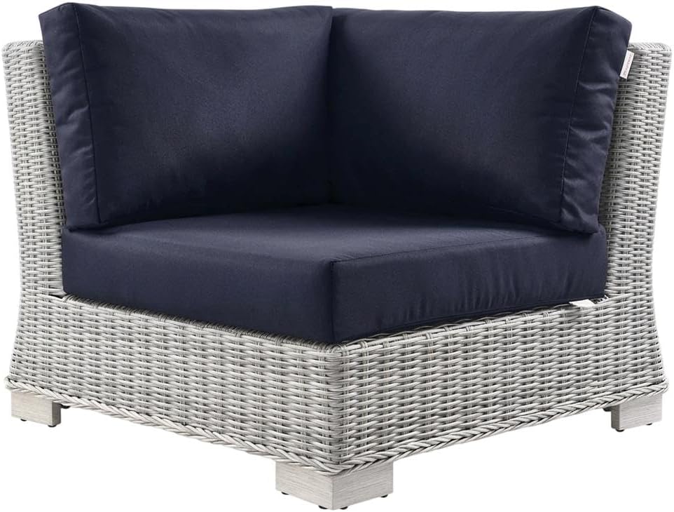 Blue Wicker Rattan Corner Chair with Cushions, Modular Outdoor Patio Lounge Seating for Garden, Deck, Backyard & Balcony Relaxation
