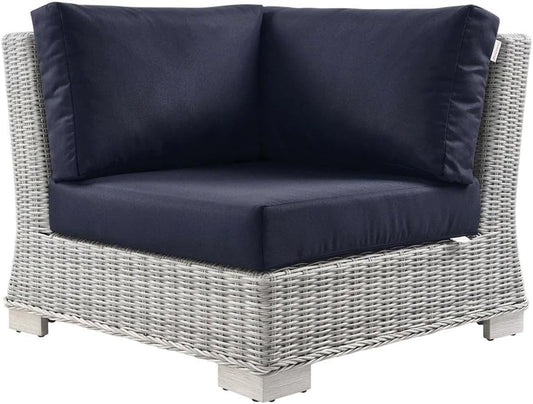 Blue Wicker Rattan Corner Chair with Cushions, Modular Outdoor Patio Lounge Seating for Garden, Deck, Backyard & Balcony Relaxation