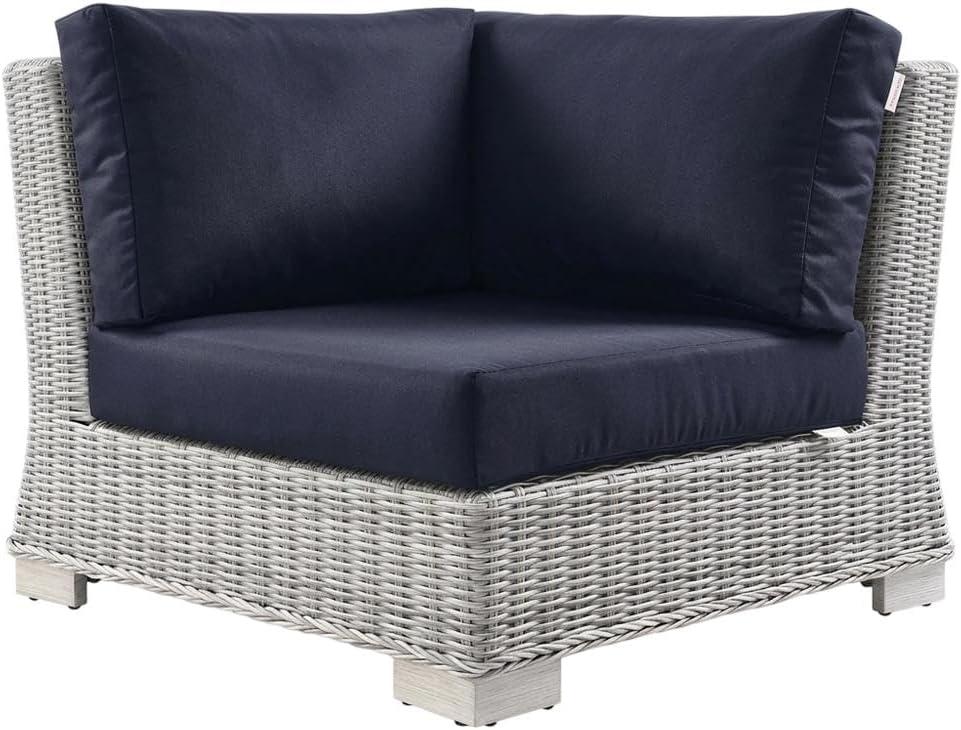 Blue Wicker Rattan Corner Chair with Cushions, Modular Outdoor Patio Lounge Seating for Garden, Deck, Backyard & Balcony Relaxation