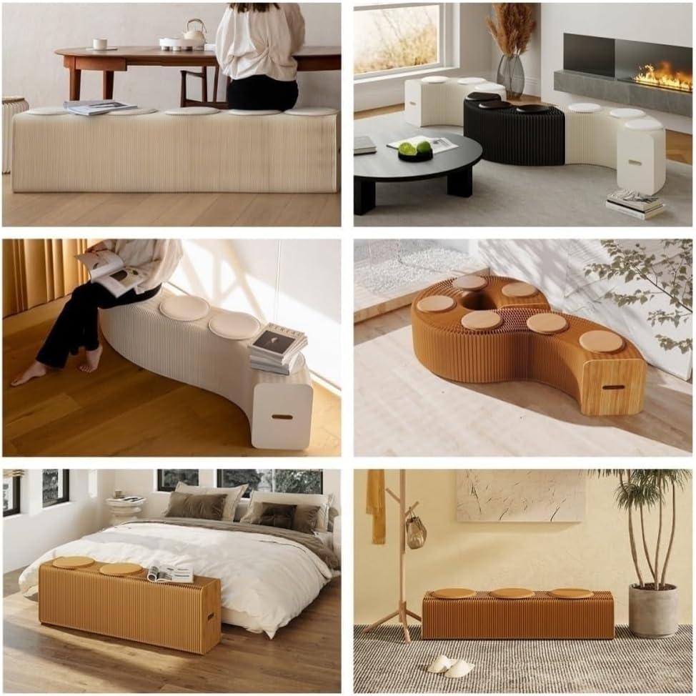 Foldable Kraft Paper Stool, Multi-Use Accordion Bench for Living Room, Entryway, Coffee Table & Shoe Changing Seat