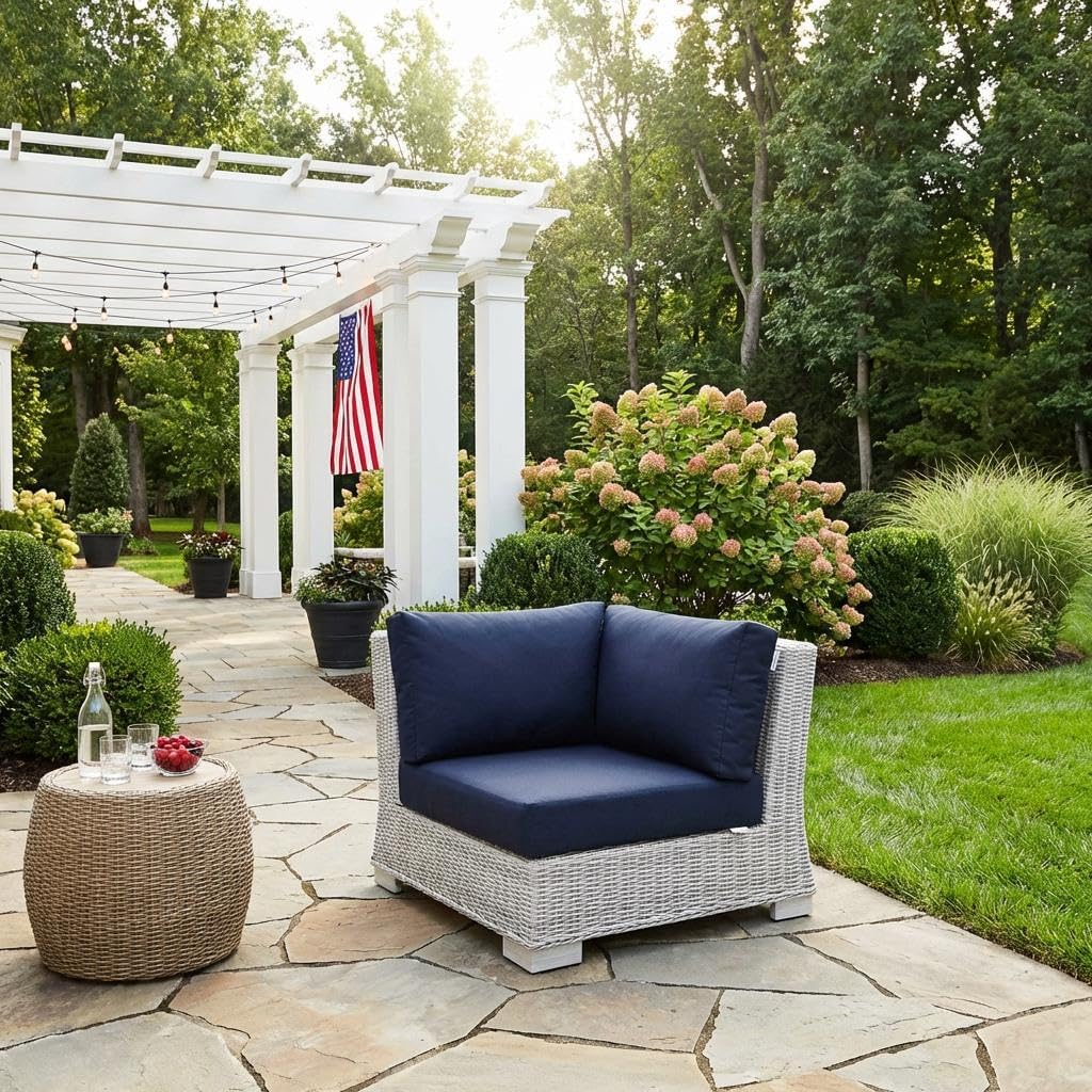 Blue Wicker Rattan Corner Chair with Cushions, Modular Outdoor Patio Lounge Seating for Garden, Deck, Backyard & Balcony Relaxation