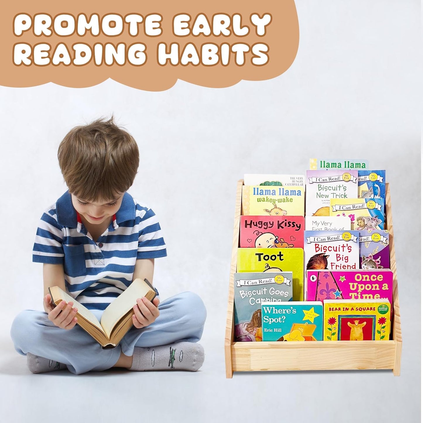 5-Tier Montessori Front-Facing Kids Bookshelf with Back Storage, Natural Wood Book Display Organizer for Toddlers, Children's Rooms & Reading Nooks