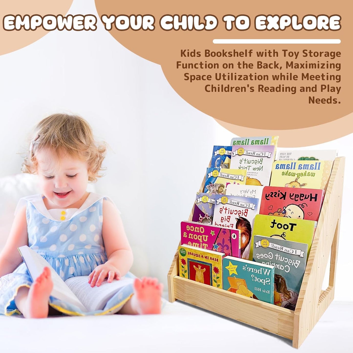 5-Tier Montessori Front-Facing Kids Bookshelf with Back Storage, Natural Wood Book Display Organizer for Toddlers, Children's Rooms & Reading Nooks