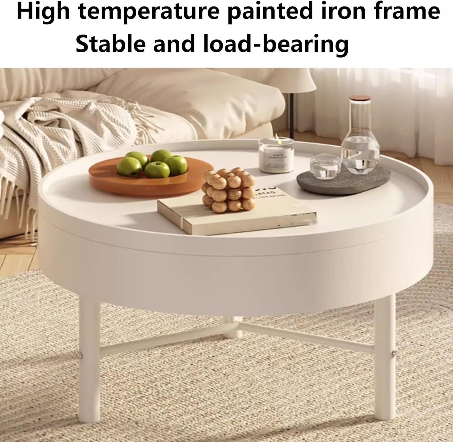 Round Farmhouse Coffee Table with Hidden Storage & Rotating Lid, Modern Circular Center Table for Living Room, Office & Reception Room