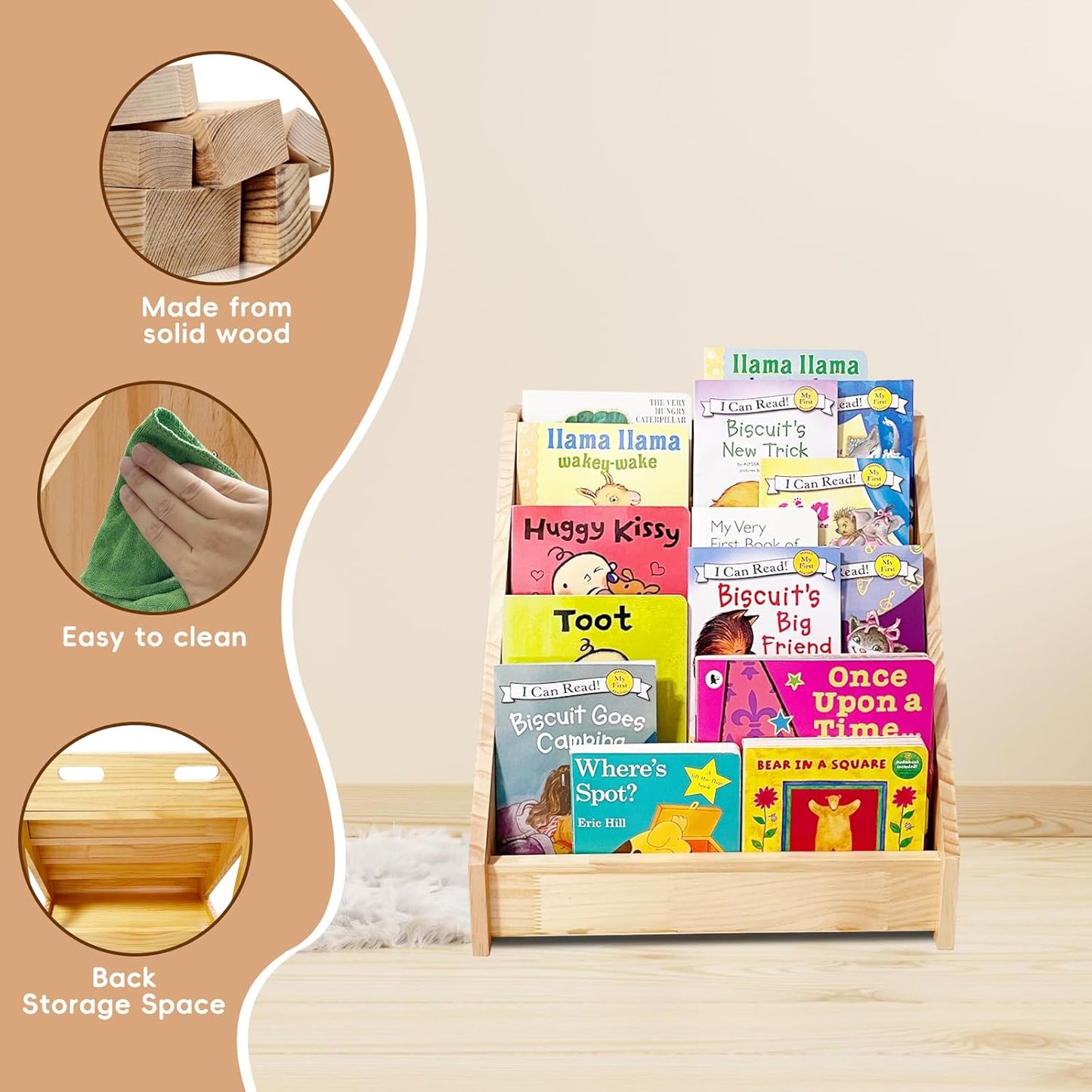 5-Tier Montessori Front-Facing Kids Bookshelf with Back Storage, Natural Wood Book Display Organizer for Toddlers, Children's Rooms & Reading Nooks