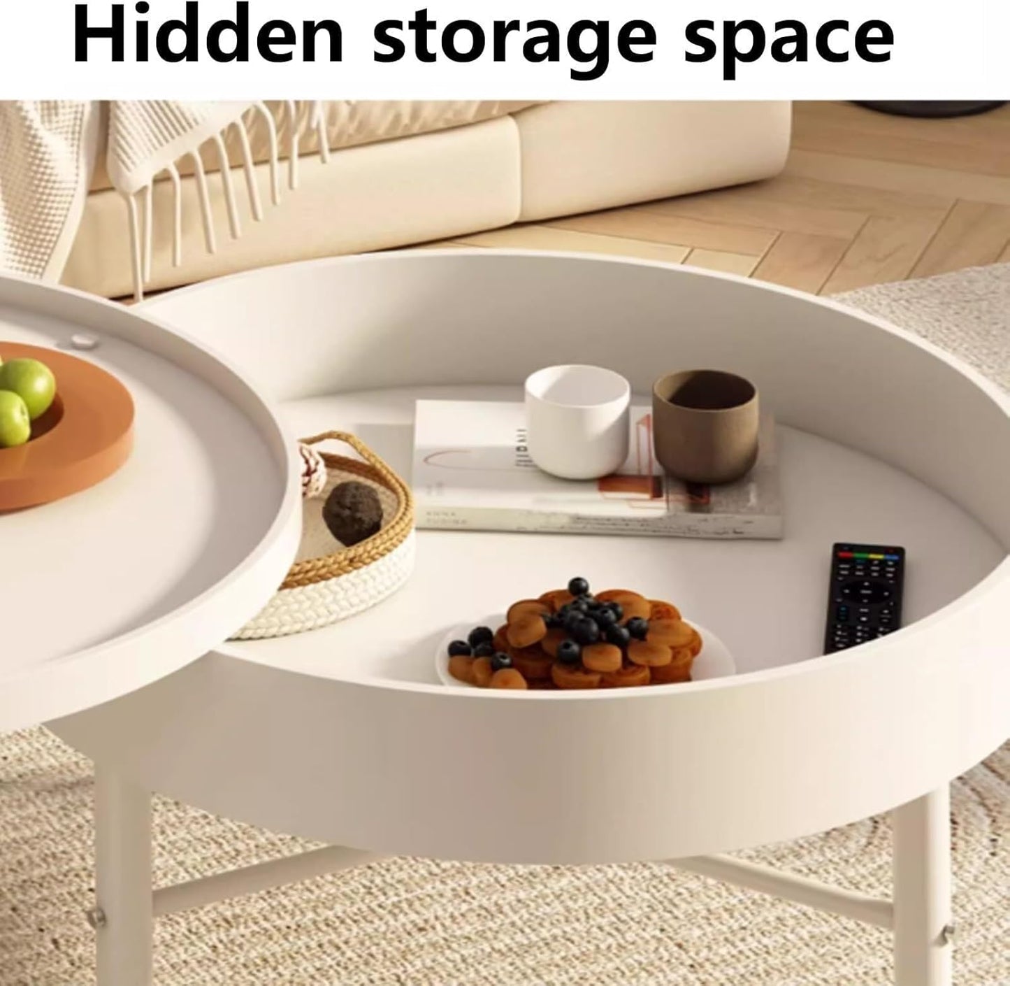 Round Farmhouse Coffee Table with Hidden Storage & Rotating Lid, Modern Circular Center Table for Living Room, Office & Reception Room
