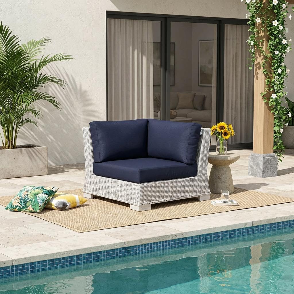 Blue Wicker Rattan Corner Chair with Cushions, Modular Outdoor Patio Lounge Seating for Garden, Deck, Backyard & Balcony Relaxation