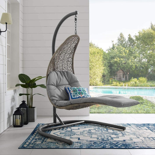 Wicker Rattan Outdoor Hanging Swing Chair with Stand, Chaise Lounge Porch Egg Chair for Patio, Garden & Backyard Relaxation (Light Gray)
