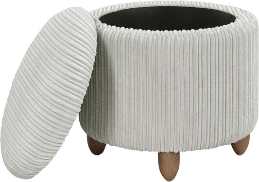 Contemporary Round Storage Ottoman with Lift-Off Lid, Taupe Fabric Pouf for Living Room, Bedroom & Home Décor