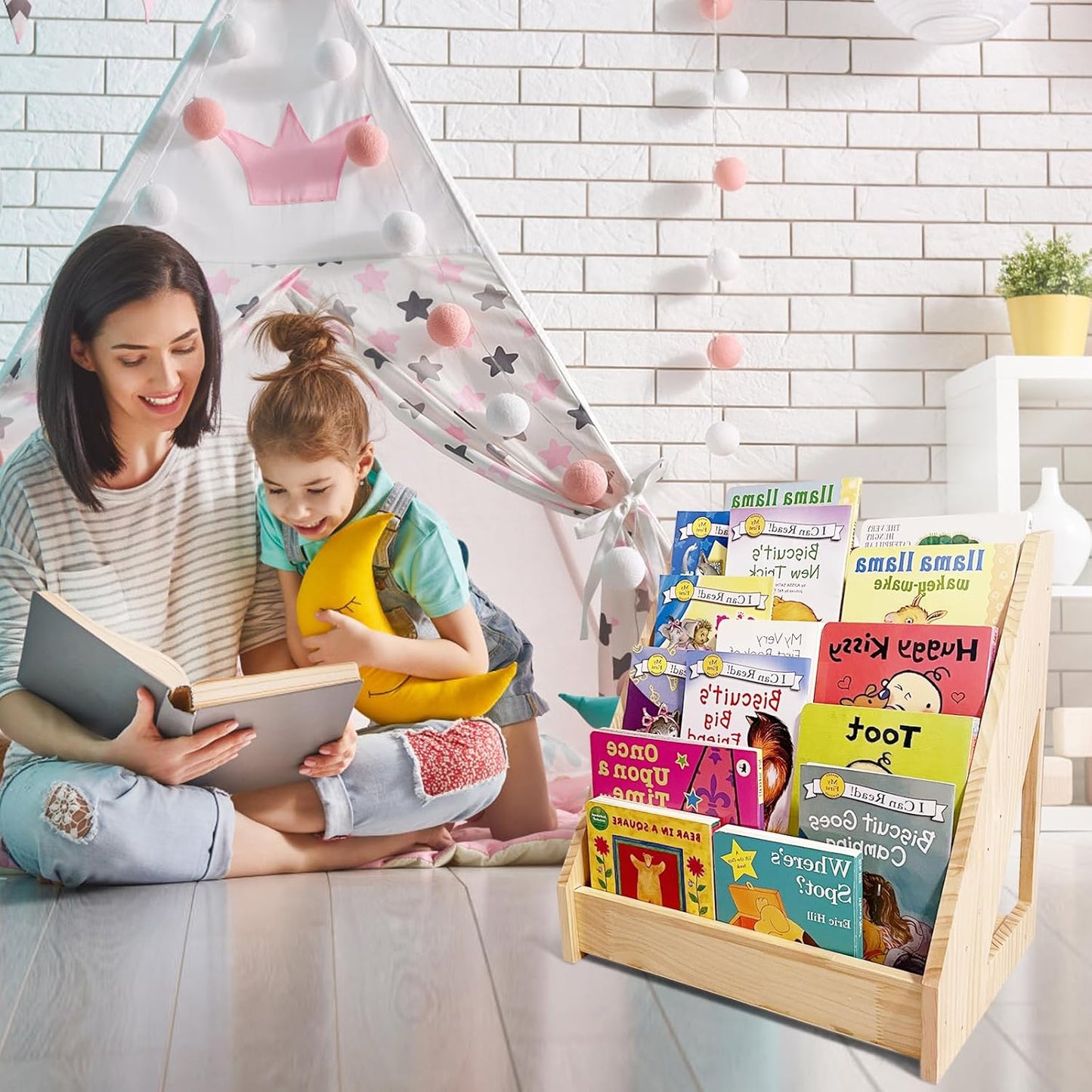 5-Tier Montessori Front-Facing Kids Bookshelf with Back Storage, Natural Wood Book Display Organizer for Toddlers, Children's Rooms & Reading Nooks