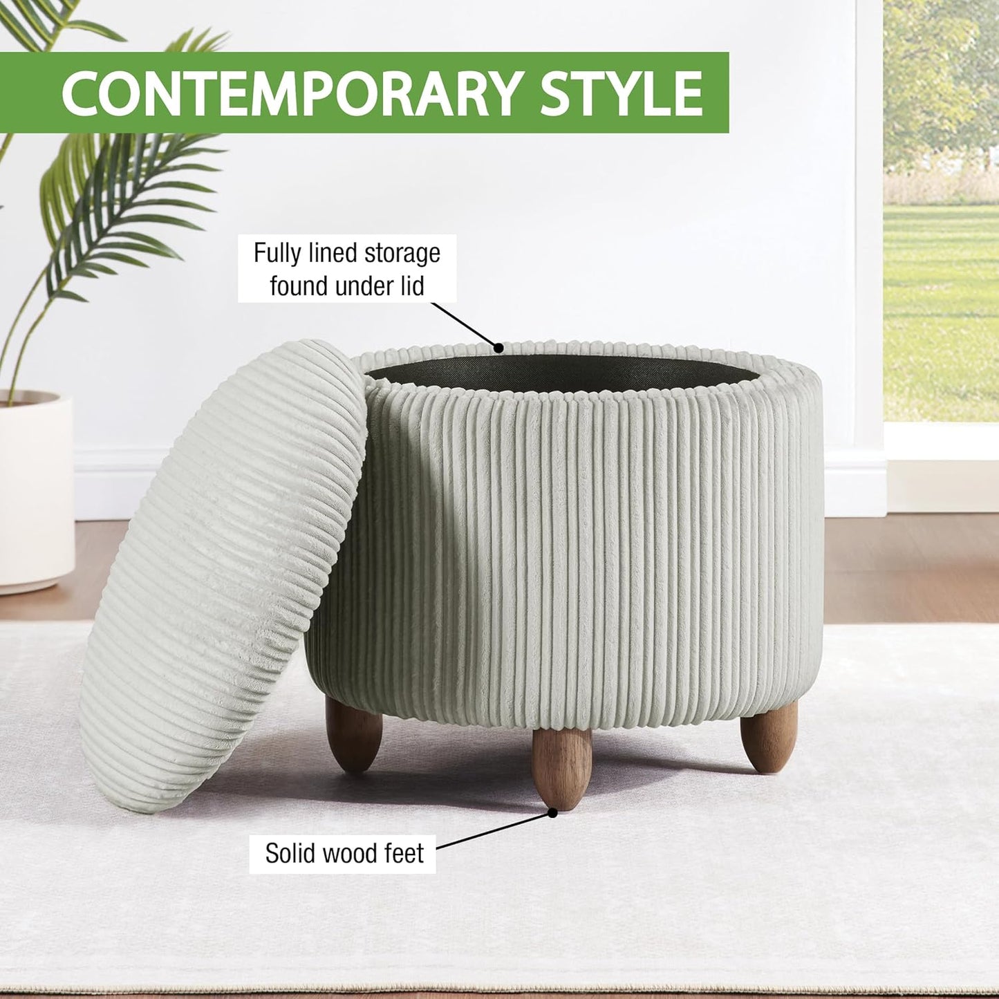 Contemporary Round Storage Ottoman with Lift-Off Lid, Taupe Fabric Pouf for Living Room, Bedroom & Home Décor