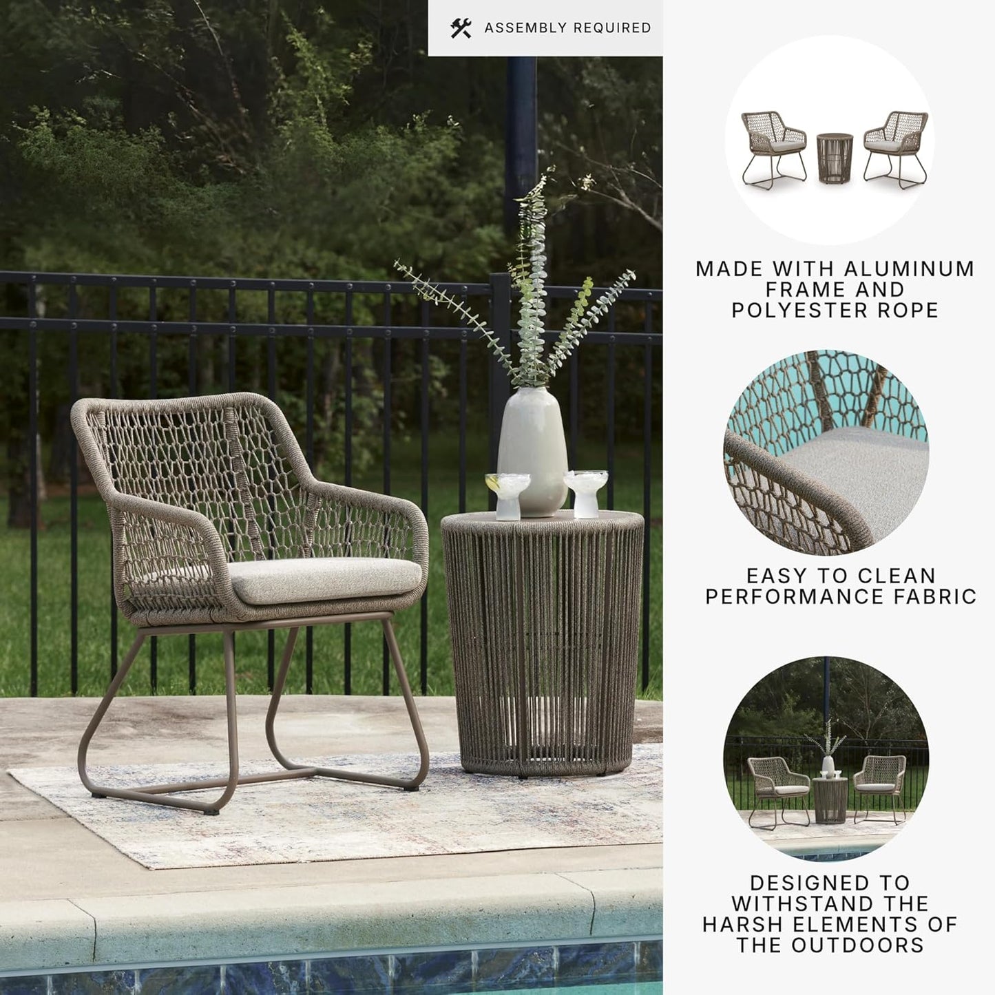 Contemporary Outdoor Dining Table and Chairs Set with Rope Design, Cushioned Patio Furniture with Aluminum Frame for Garden, Patio, Deck & Outdoor Dining
