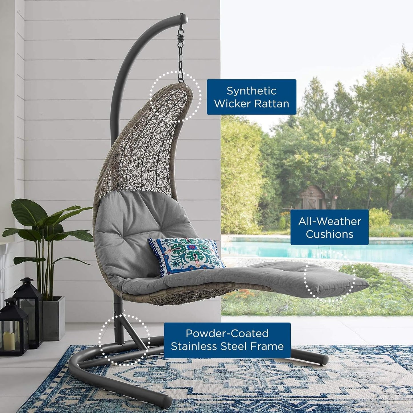 Wicker Rattan Outdoor Hanging Swing Chair with Stand, Chaise Lounge Porch Egg Chair for Patio, Garden & Backyard Relaxation (Light Gray)