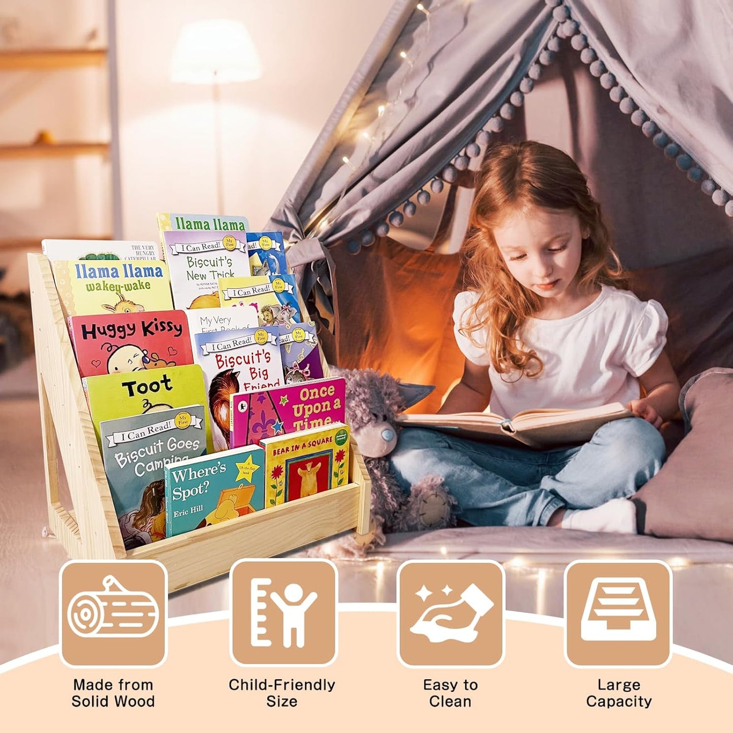 5-Tier Montessori Front-Facing Kids Bookshelf with Back Storage, Natural Wood Book Display Organizer for Toddlers, Children's Rooms & Reading Nooks