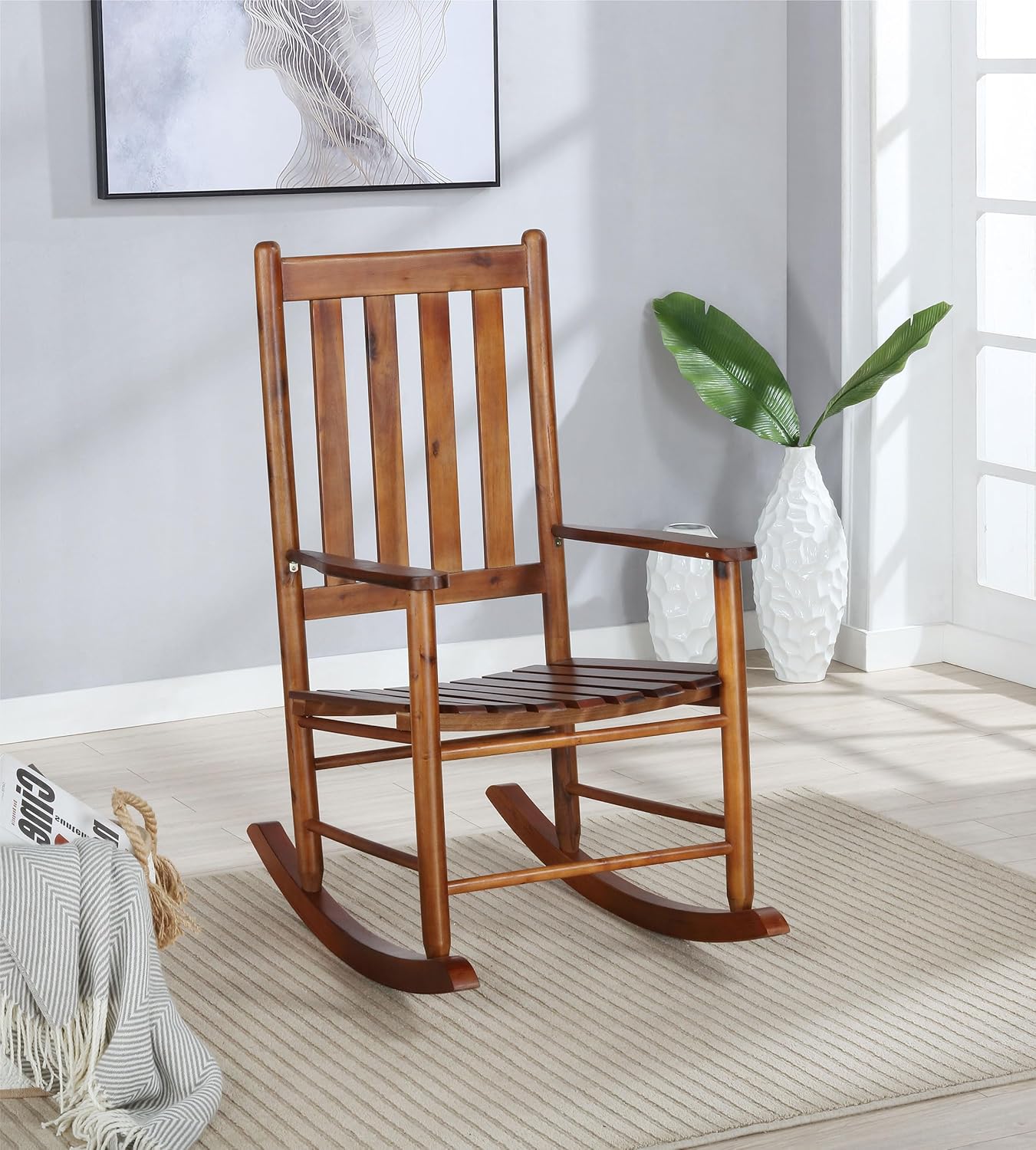 Solid Wood Slat Back Rocking Chair, Classic Rocker in Golden Brown Finish for Living Room, Bedroom, Nursery & Porch Comfort Seating